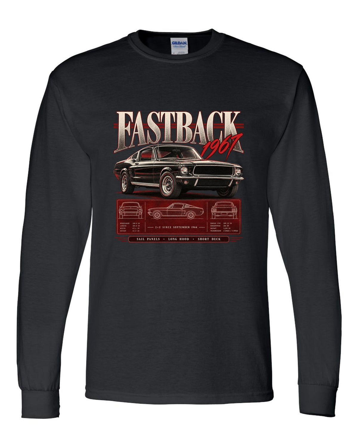 Archive panel illustration of a 1967 Ford Mustang fastback 2+2 with sail panel callouts black long sleeve front view with the design