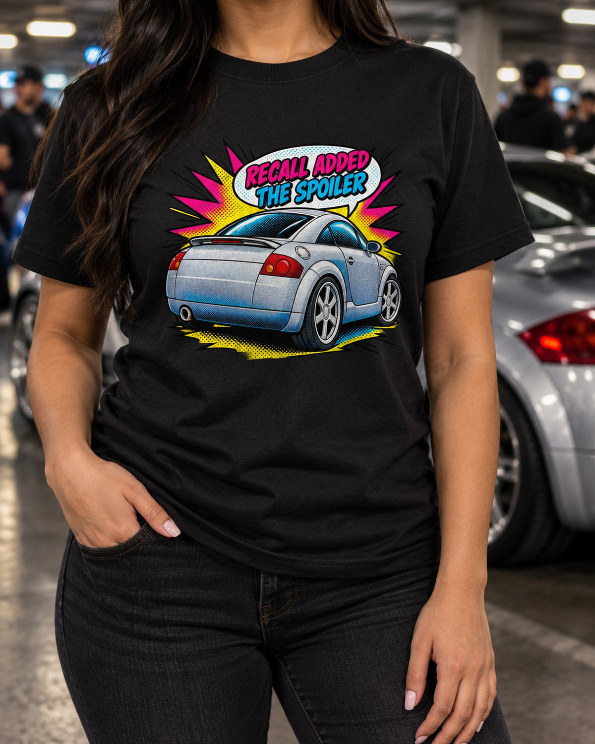 Audi TT 8N Comic Pop Art Shirt, Spoiler Recall Joke Tee T-Shirt Black worn hero