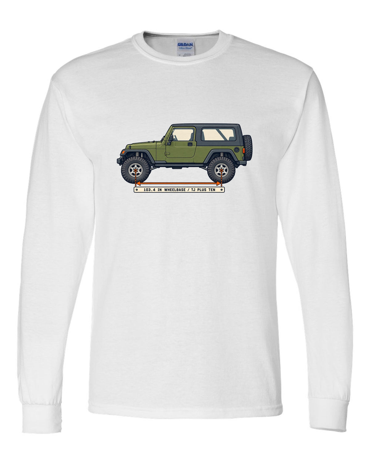 Patent-style line drawing of a Jeep Wrangler LJ Unlimited with 103.4 IN WHEELBASE TJ PLUS TEN lettering white long sleeve front view with the design
