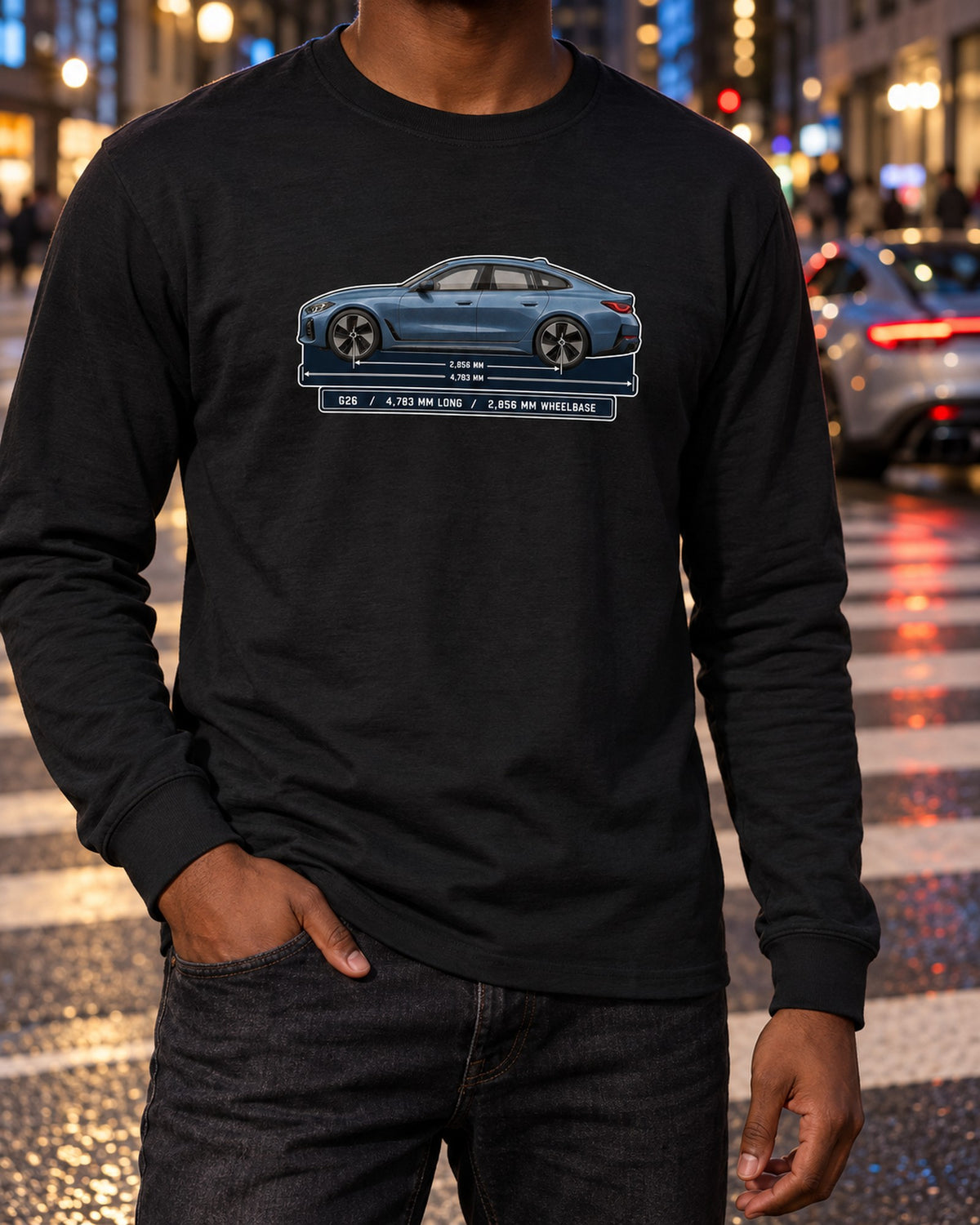BMW i4 M50 G26 Gran Coupe Dimension Blueprint Shirt Long Sleeve Black worn hero