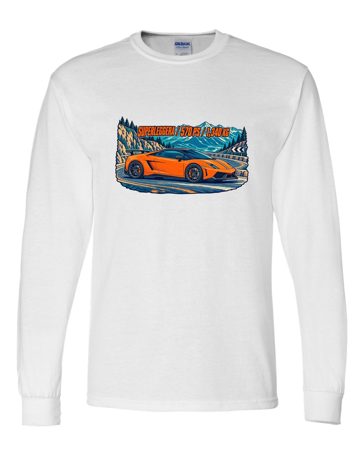 Three-colour risograph design of a Lamborghini Gallardo LP570-4 Superleggera on a mountain pass white long sleeve front view with the design