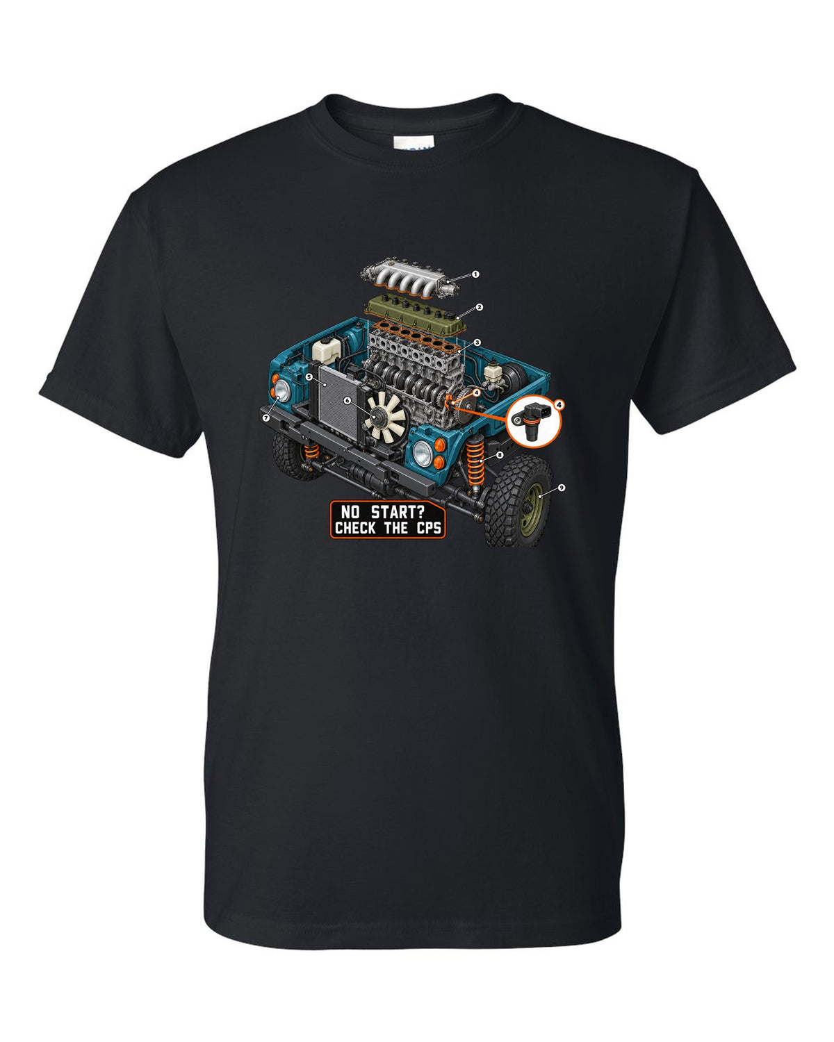 Exploded cutaway engine print of a Jeep Wrangler TJ with check the CPS text black t-shirt front view with the design