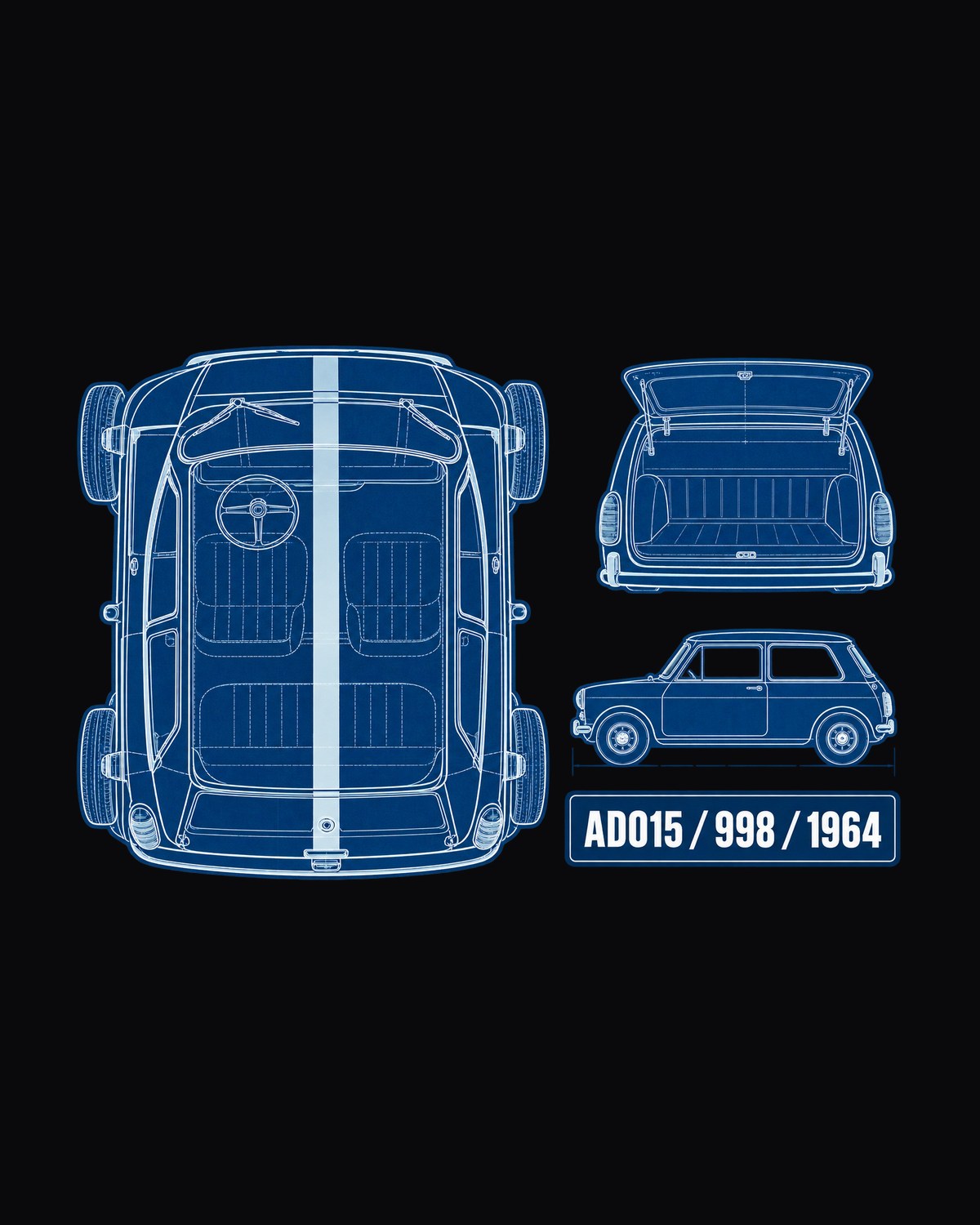 Mini Cooper Mk I ADO15 1964 Cyanotype Blueprint Shirt design only