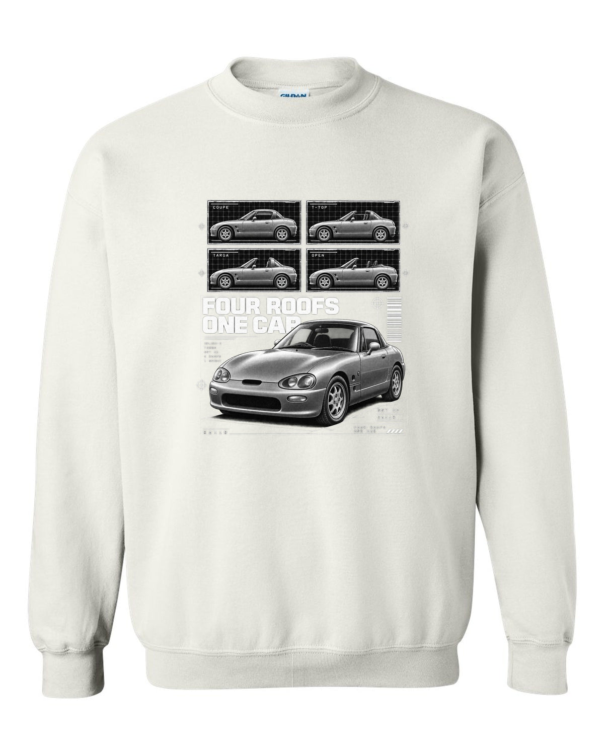 Dossier panel print of a Suzuki Cappuccino EA11R kei roadster white crewneck front view with the design