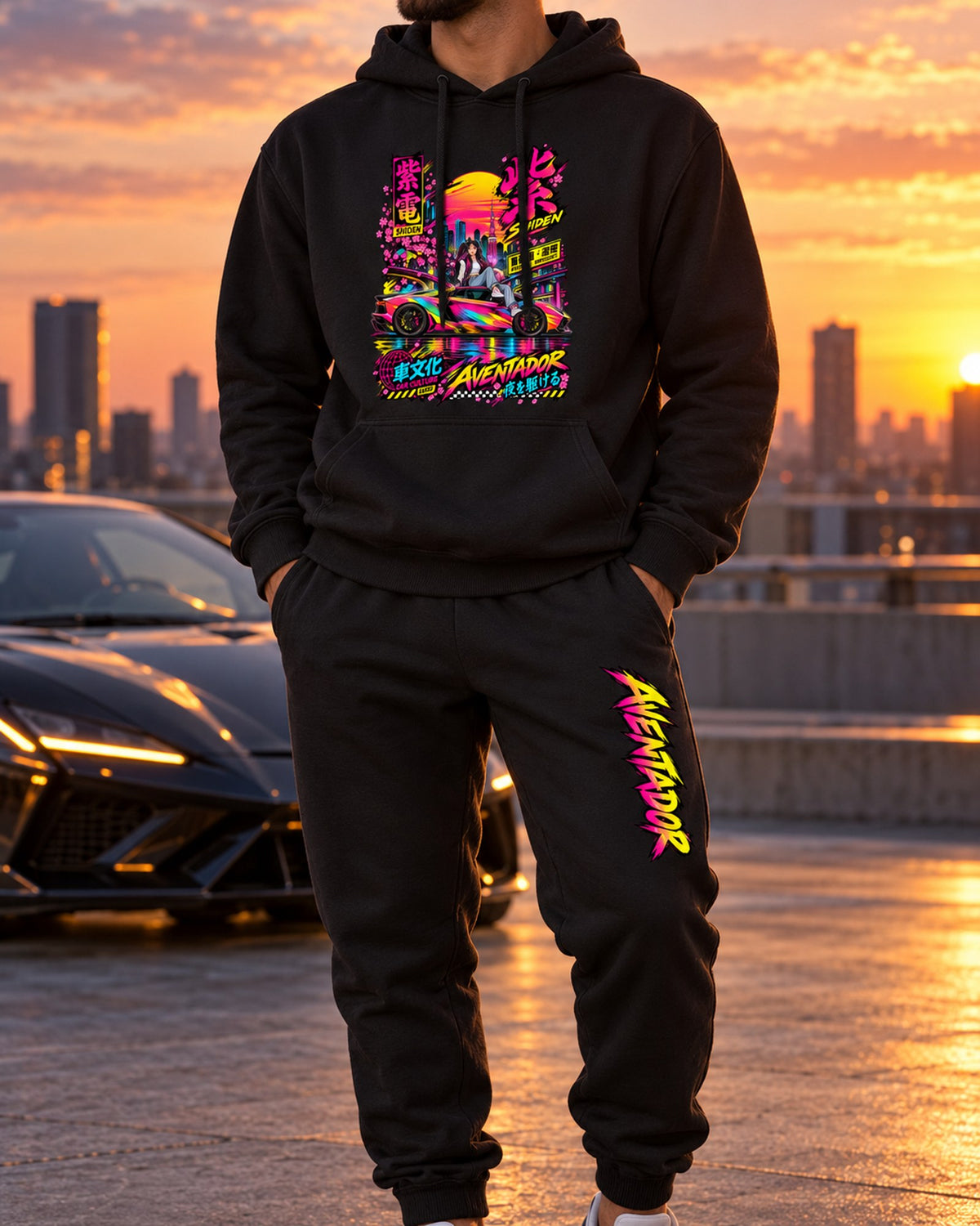 Aventador Shiden Anime Girl Poster Hoodie + Jogger Set Black worn hero