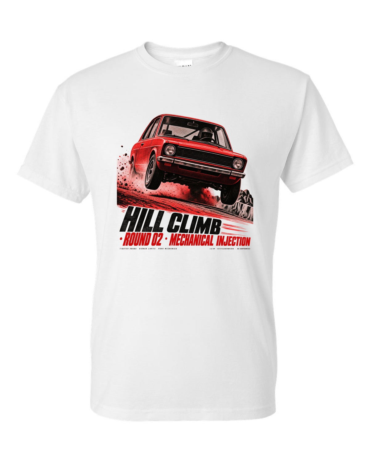 BMW 2002 tii hill climb race poster print with mechanical injection text white t-shirt front view with the design