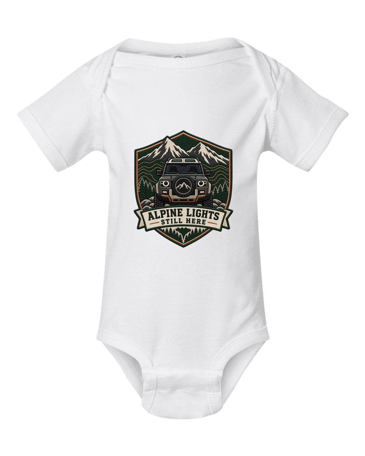 Original shield crest print for a Land Rover Defender L663 with Alpine Lights Still Here text white baby onesie front view with the design