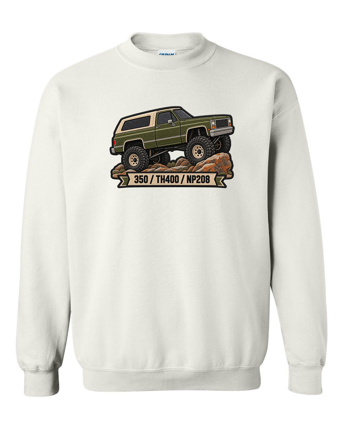 Embroidered patch style design of a 1973-91 Chevrolet K5 Blazer with 350, TH400, NP208 text white crewneck front view with the design