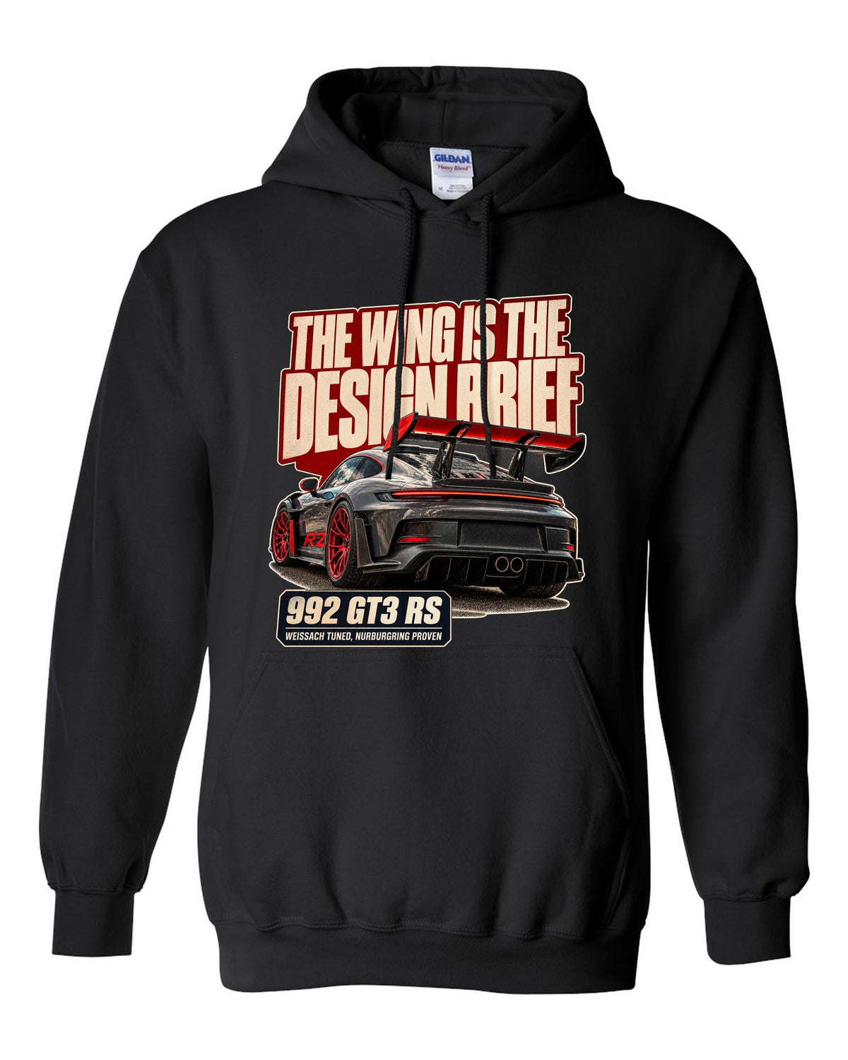Porsche 992 GT3 RS editorial headline print design black pull over hoodie front view with the design