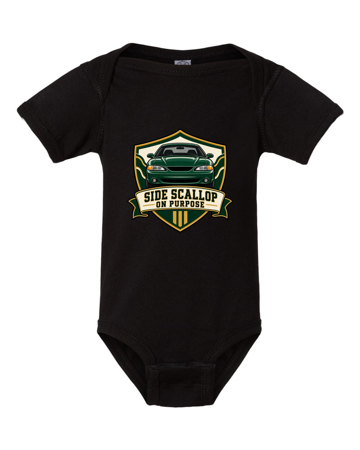 SN95 Mustang 1994-98 Varsity Crest black baby onesie front view with the design