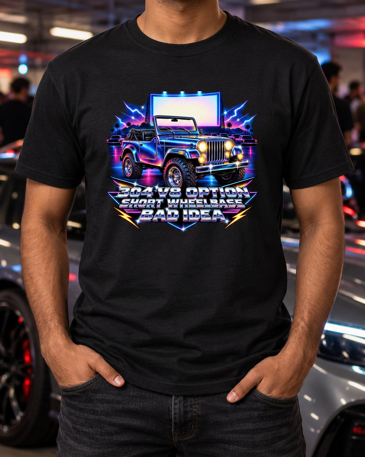 Jeep CJ-5 304 V8 Drive-In Airbrush Tee, 80s Chrome Gift T-Shirt Black worn hero