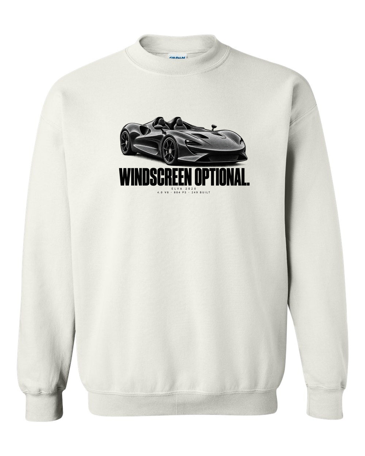 Halftone print of a 2020 McLaren Elva with windscreen optional text and 804 PS white crewneck front view with the design