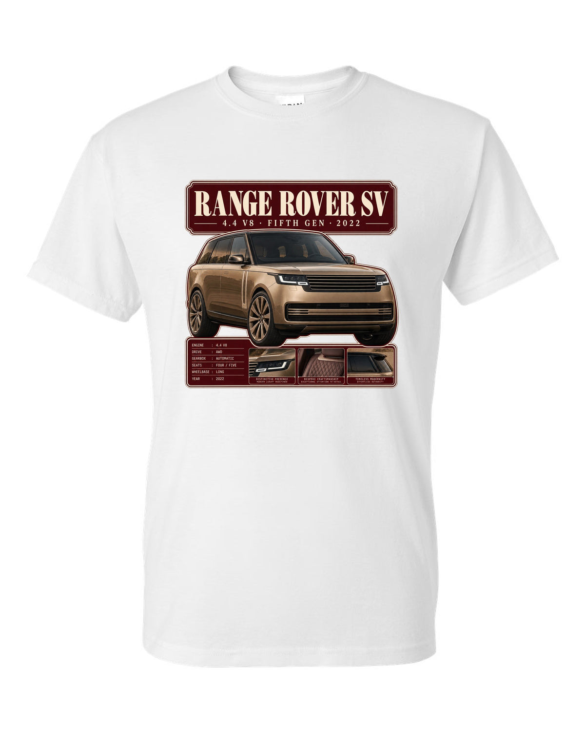 Archive panel print of the Range Rover SV L460 with 4.4 V8 and fifth generation white t-shirt front view with the design