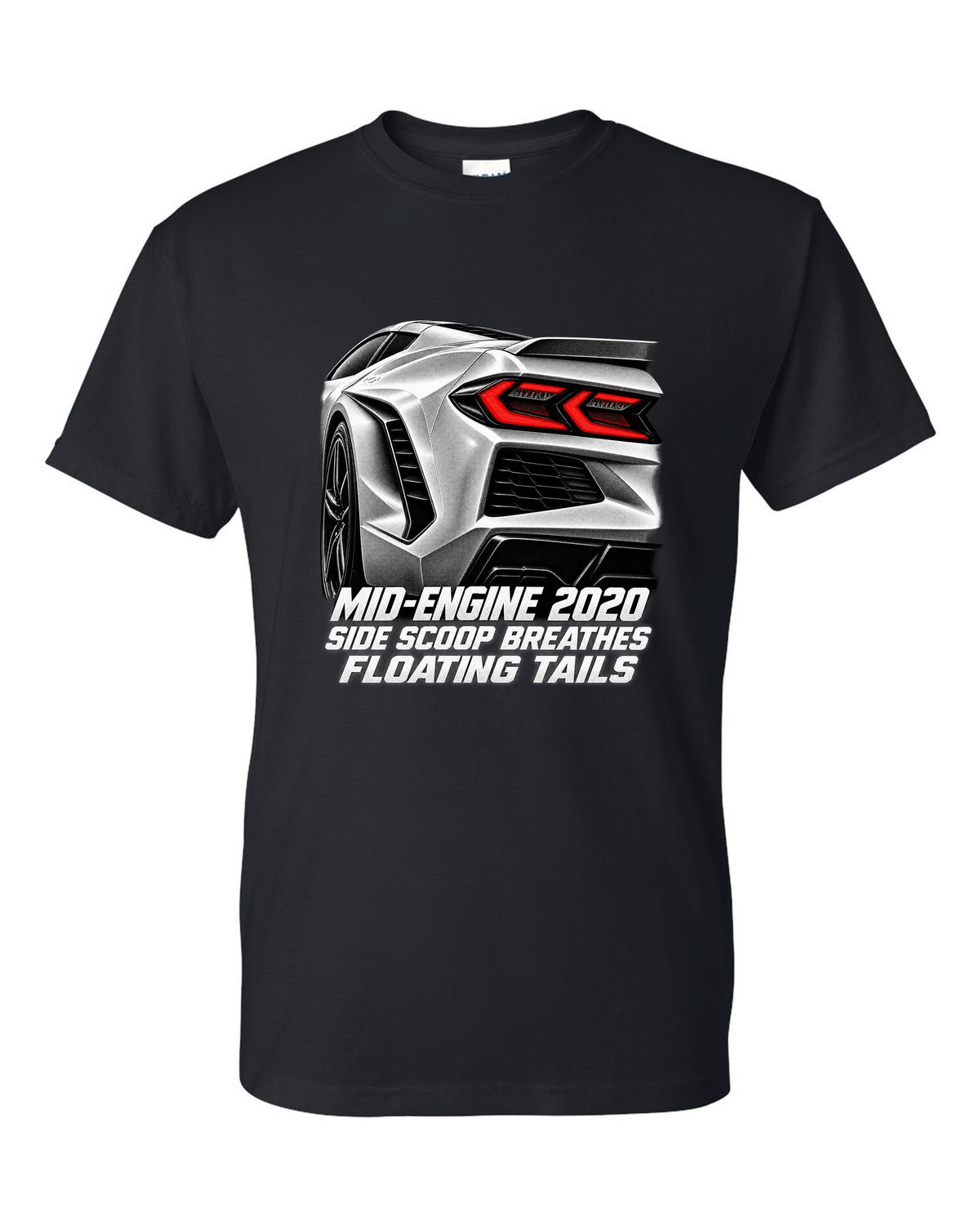 Corvette C8 Stingray 2020 Side Intake Taillight Detail black t-shirt front view with the design