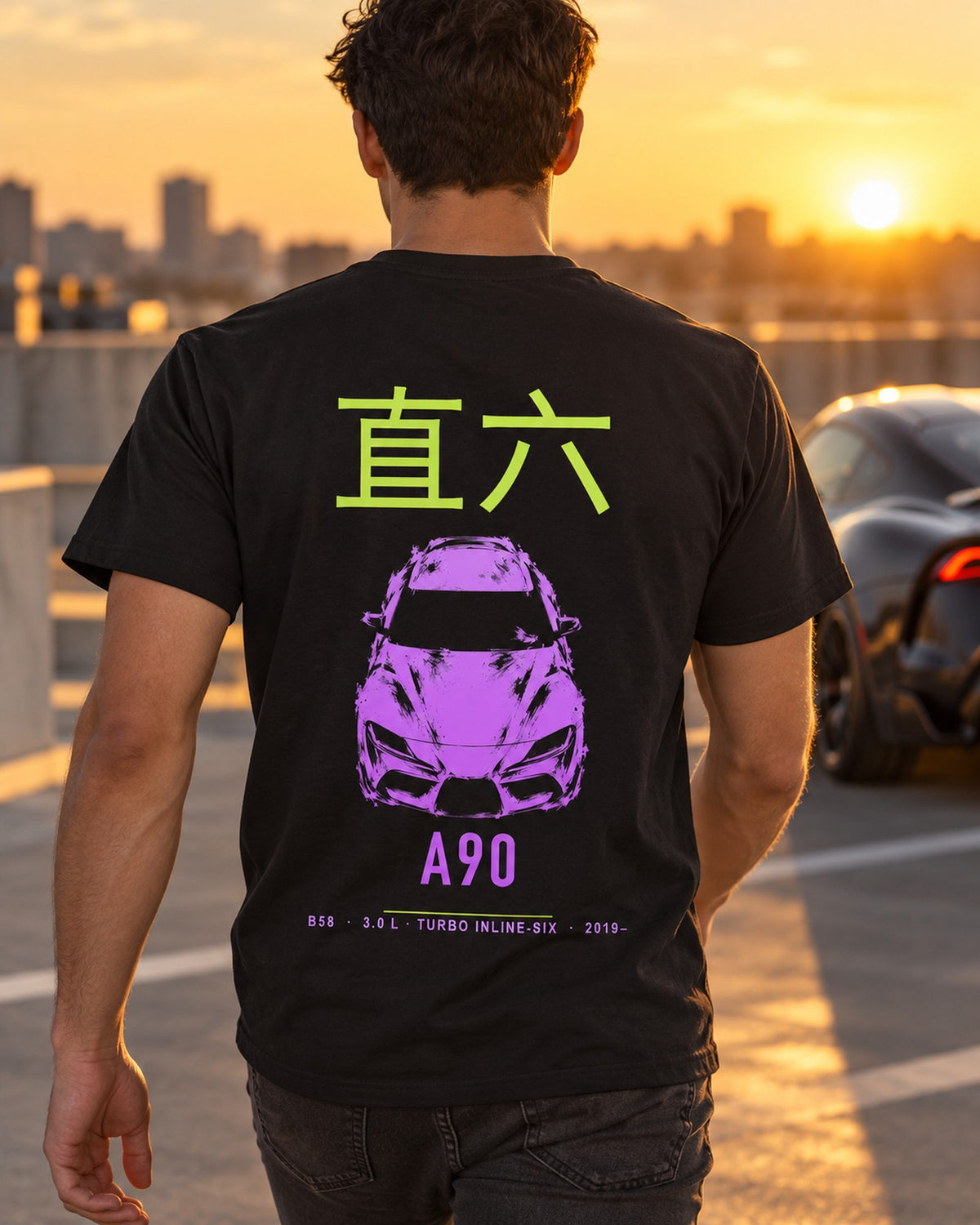 A90 B58 Full-Back Graphic Tee T-Shirt Black worn hero