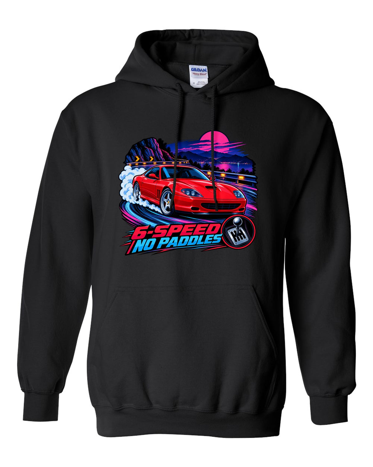 Cel-shaded anime night touge print of a Ferrari 550 Maranello with 6-Speed No Paddles lettering black pull over hoodie front view with the design