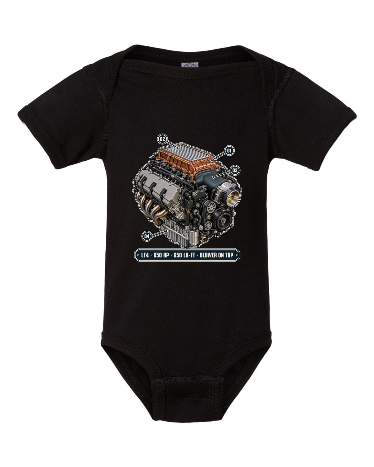 Camaro ZL1 LT4 supercharged engine bay poster print black baby onesie front view with the design