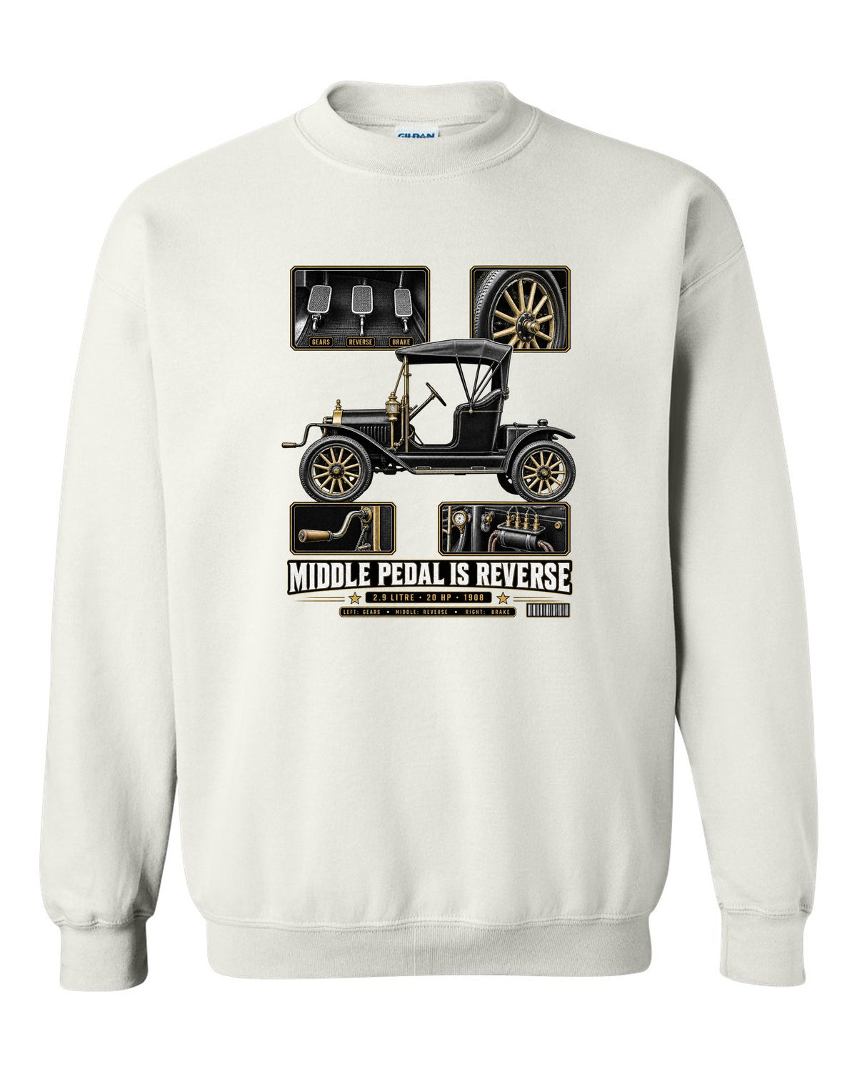 Dossier panel print of a Ford Model T runabout showing its three pedals white crewneck front view with the design
