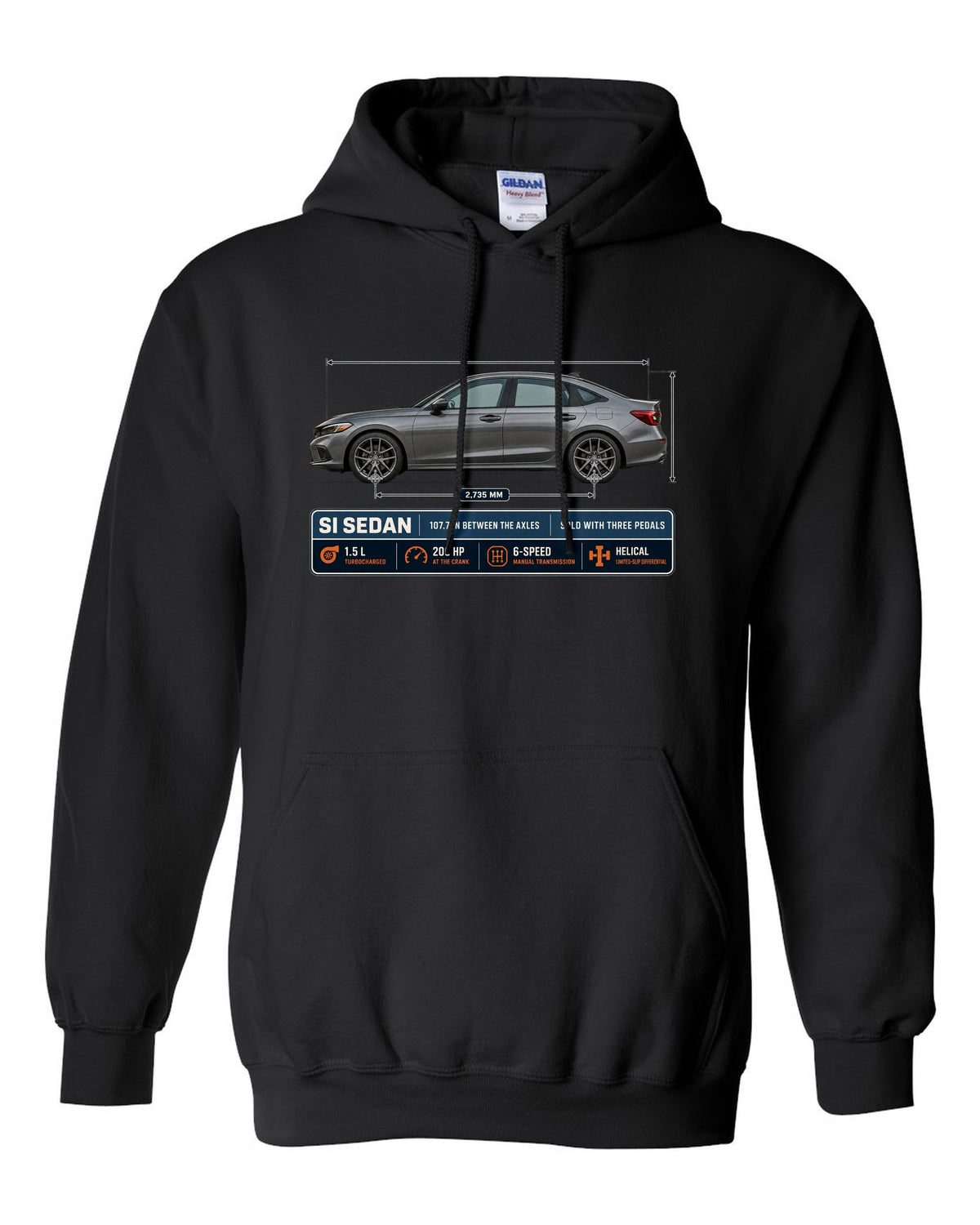 Civic Si FE1 Sedan Dimension Blueprint black pull over hoodie front view with the design