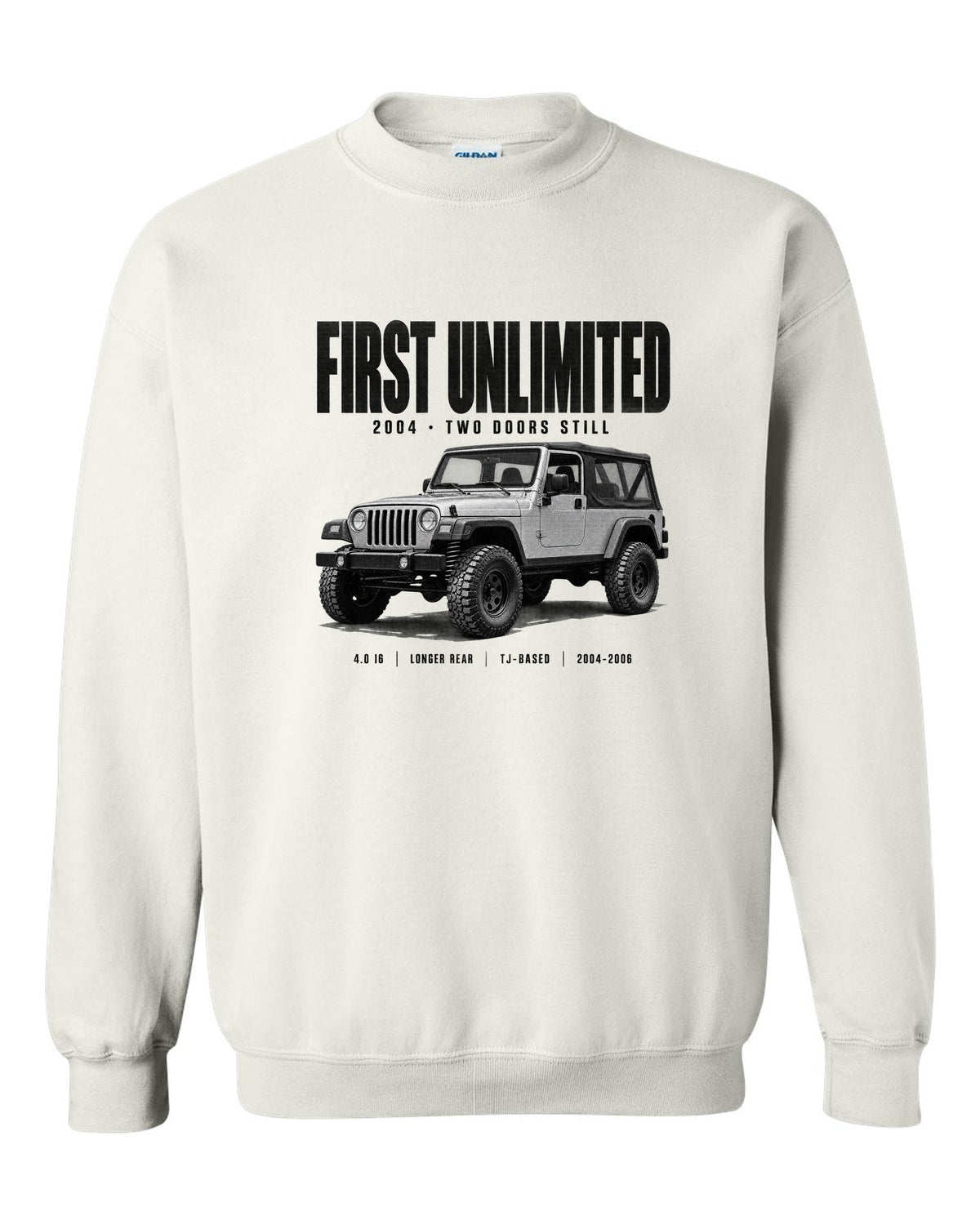 Halftone print for the Jeep Wrangler LJ Unlimited, First Unlimited 2004 white crewneck front view with the design