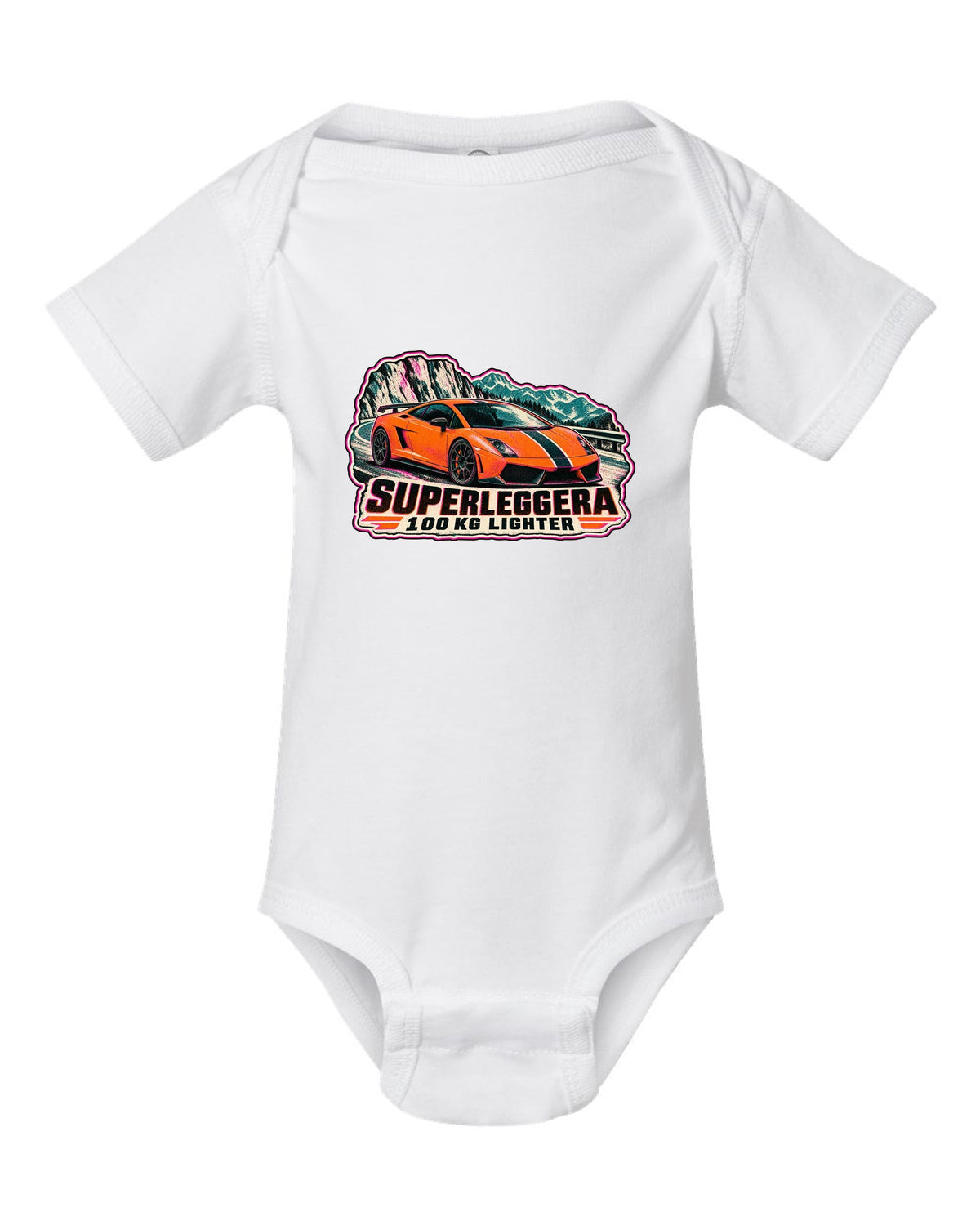 Risograph-style Lamborghini Gallardo Superleggera design with 100 KG lighter lettering white baby onesie front view with the design
