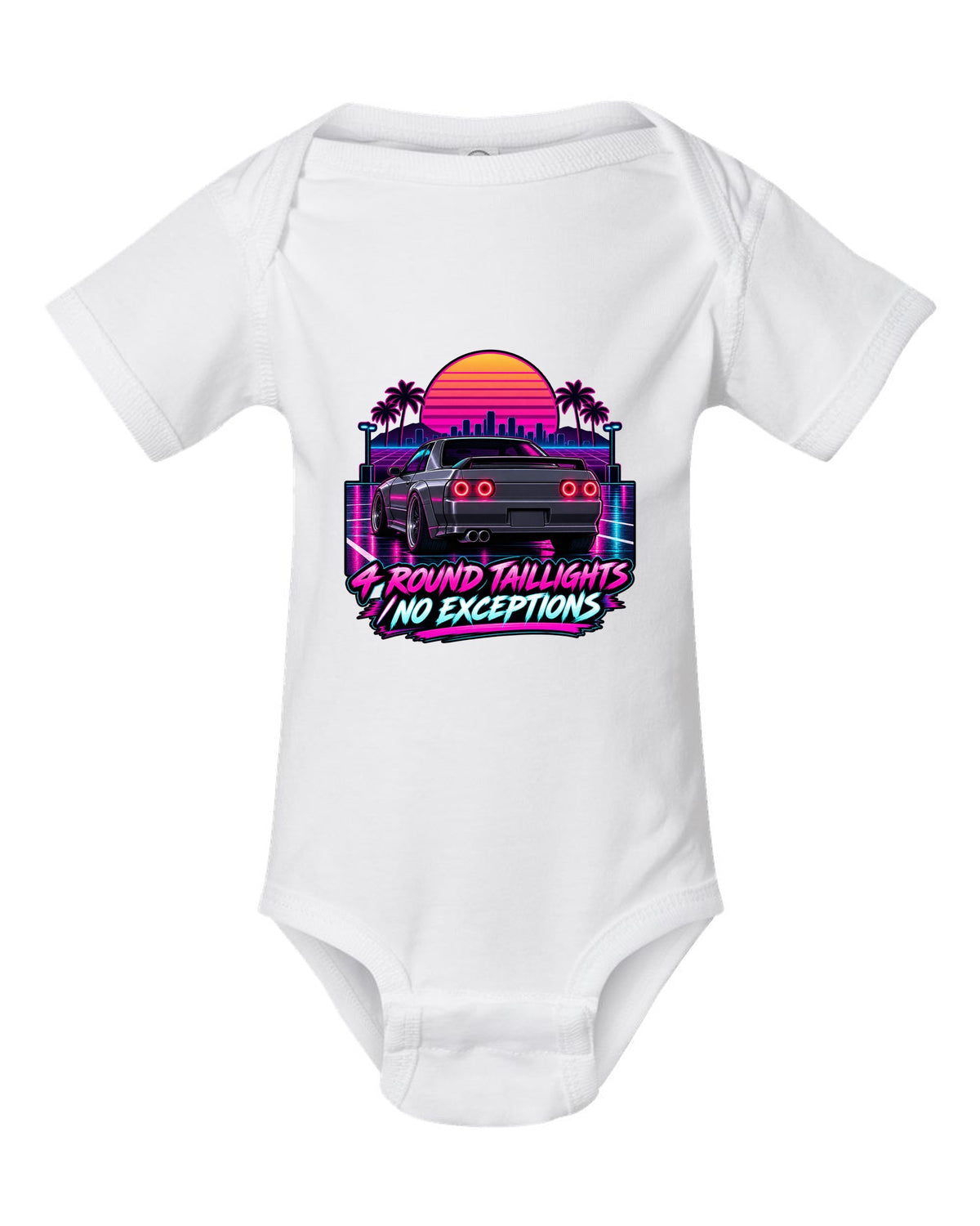 Neon synthwave print of a Nissan Skyline GT-R R32 BNR32 rear with four round taillights white baby onesie front view with the design
