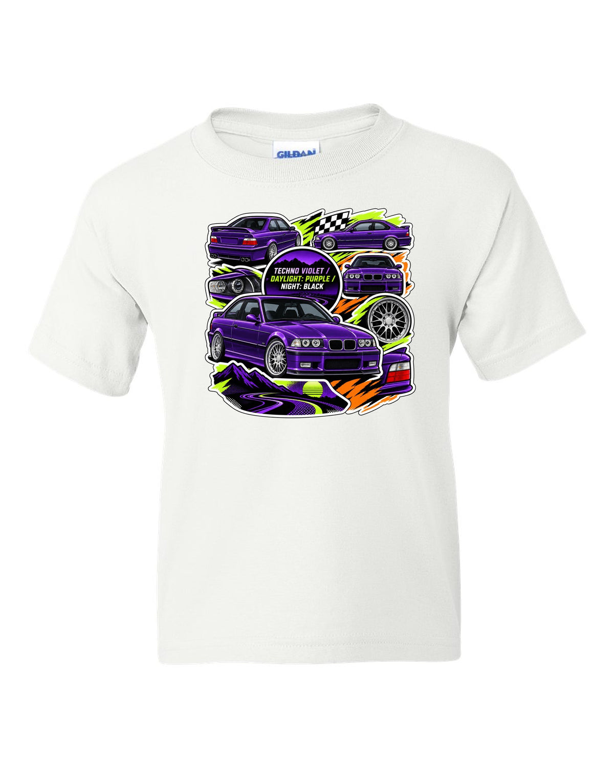Sticker bomb collage print of a Techno Violet BMW E36 M3 with daylight purple night black text white kids tee front view with the design