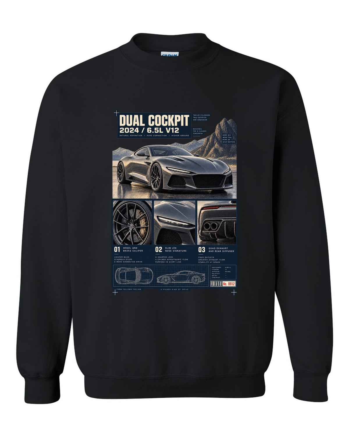Dossier panel print of the Ferrari 12Cilindri with cockpit and V12 text black crewneck front view with the design