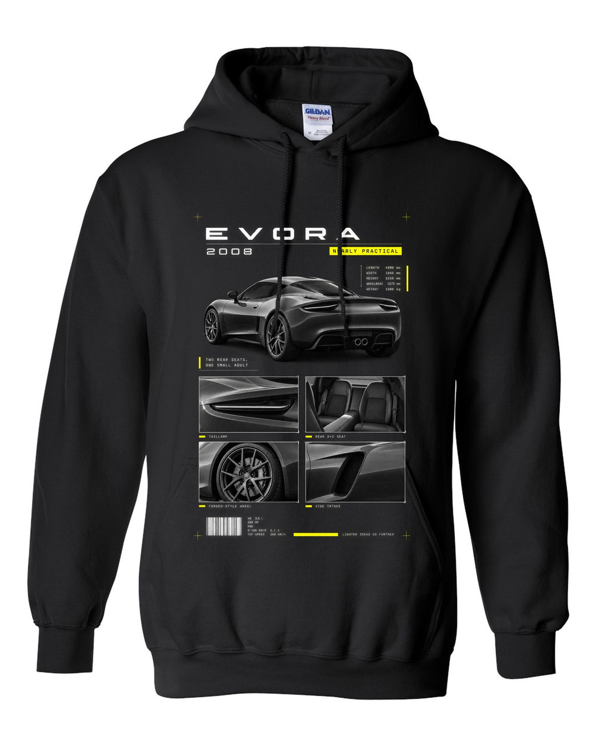 Lotus Evora 2008 dossier panels print black pull over hoodie front view with the design