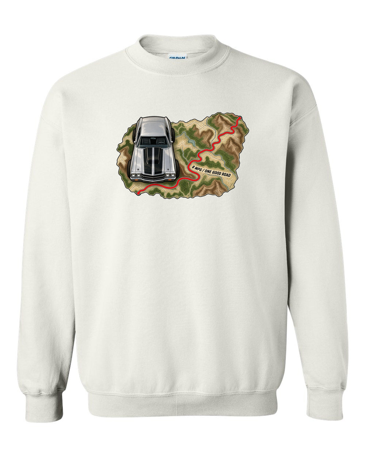1970 Chevelle SS 454 on a topographic route map with the text 8 MPG One Good Road white crewneck front view with the design