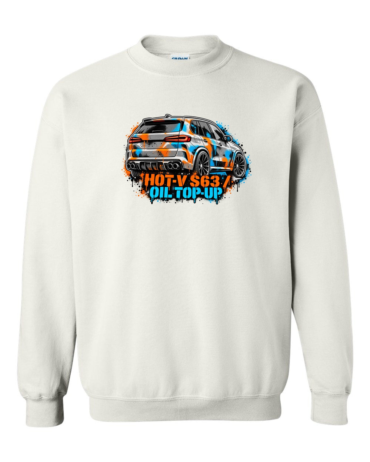 Varsity crest print of a BMW i8 I12 with silent electric range lettering white crewneck front view with the design