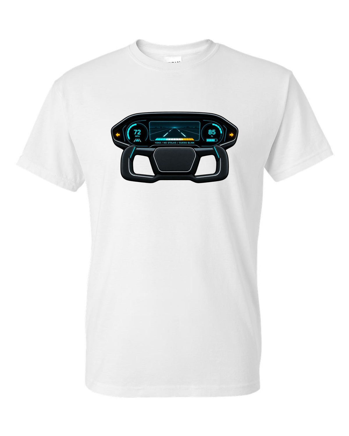 Gauge-cluster HUD design for a 2021 Tesla Model S Plaid with the words Yoke No Stalks Guess Blink white t-shirt front view with the design