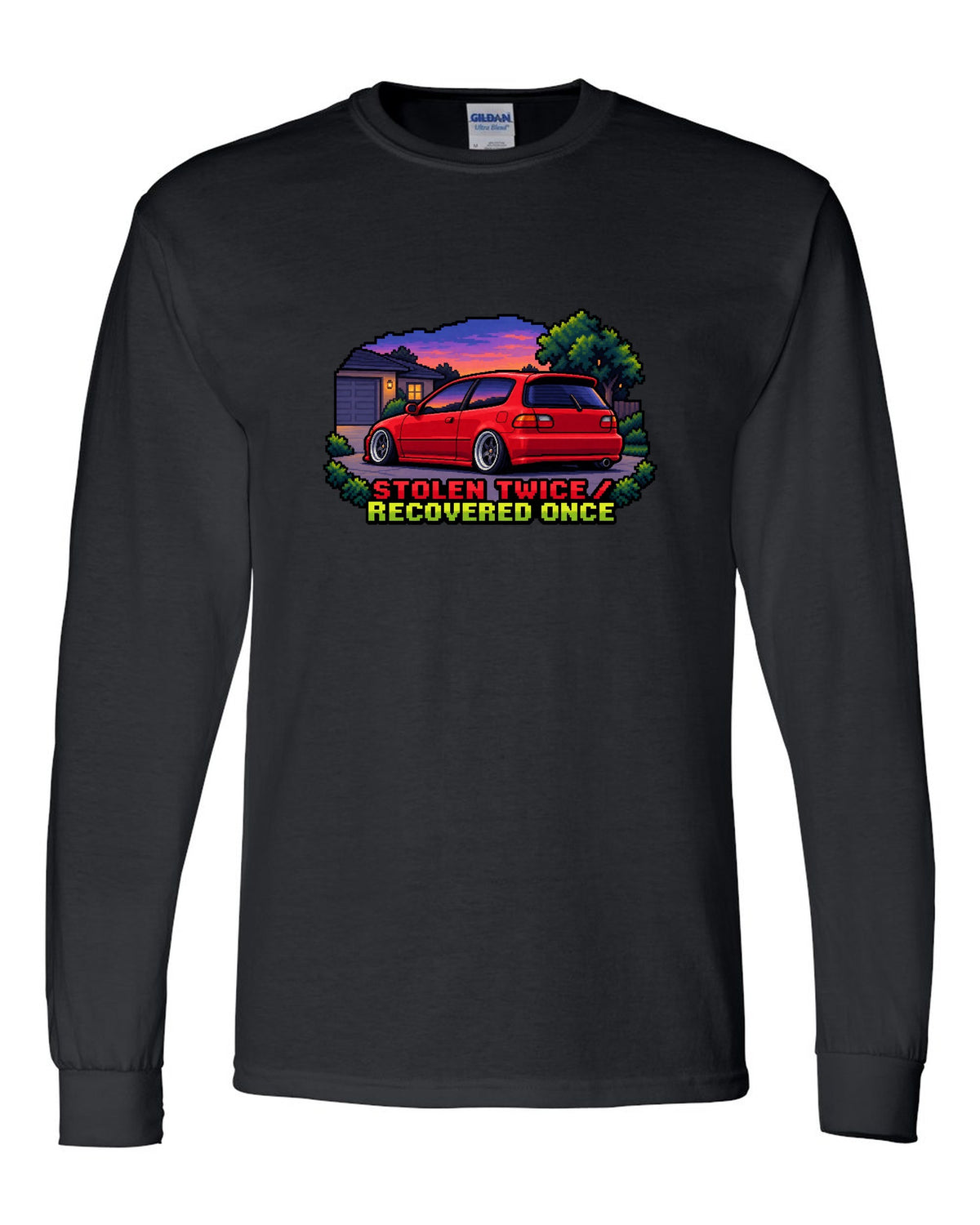 16-bit pixel art Honda Civic EG6 SiR print with stolen twice text black long sleeve front view with the design