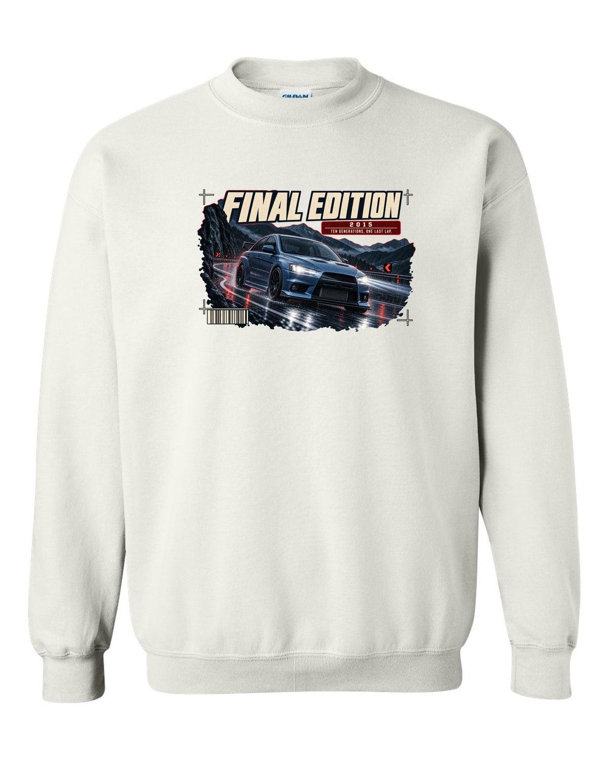 Mitsubishi Lancer Evolution X Final Edition low front three-quarter at night print white crewneck front view with the design