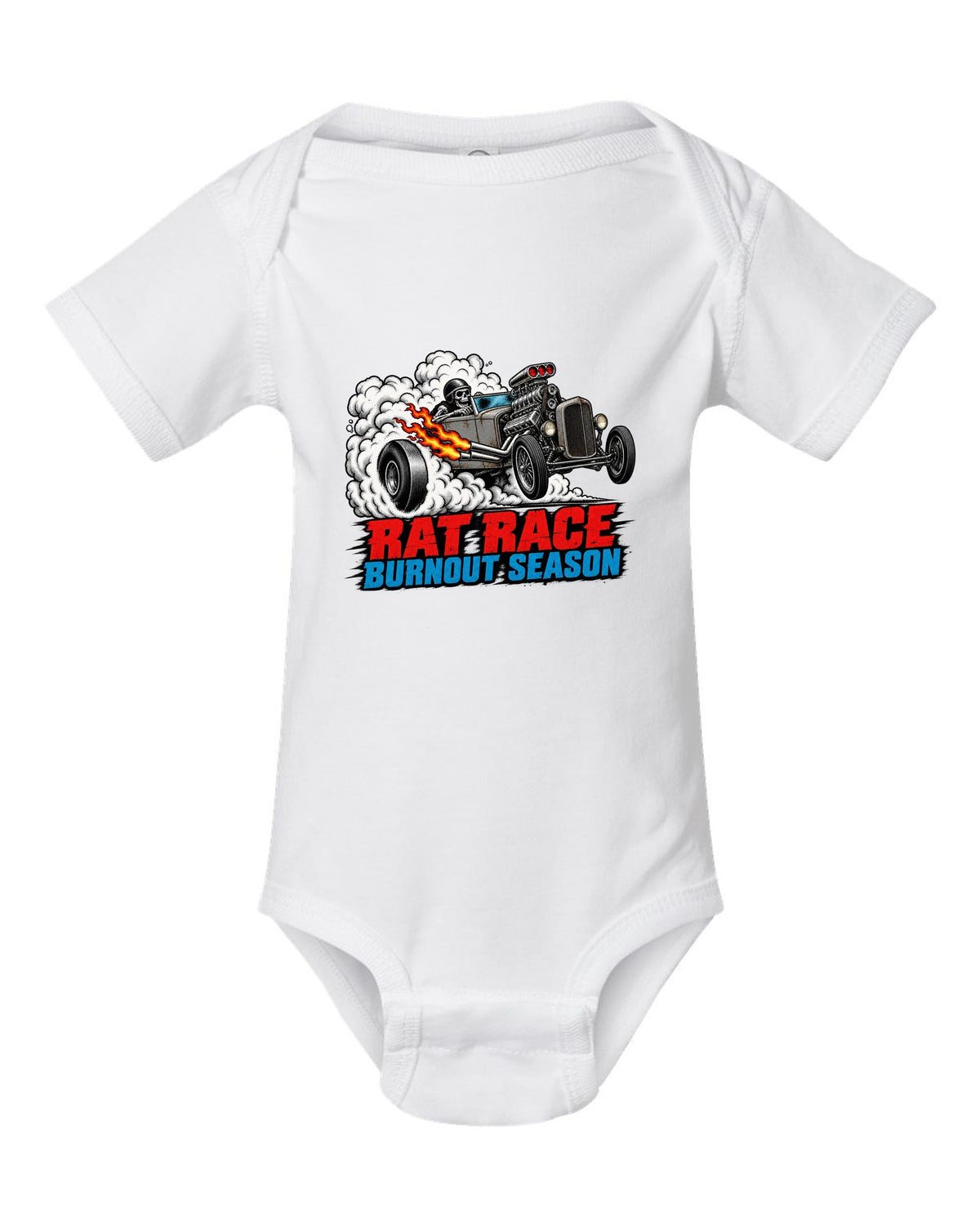 Halftone screenprint print of a primer-grey rat rod roadster in tyre smoke with Burnout Season lettering white baby onesie front view with the design