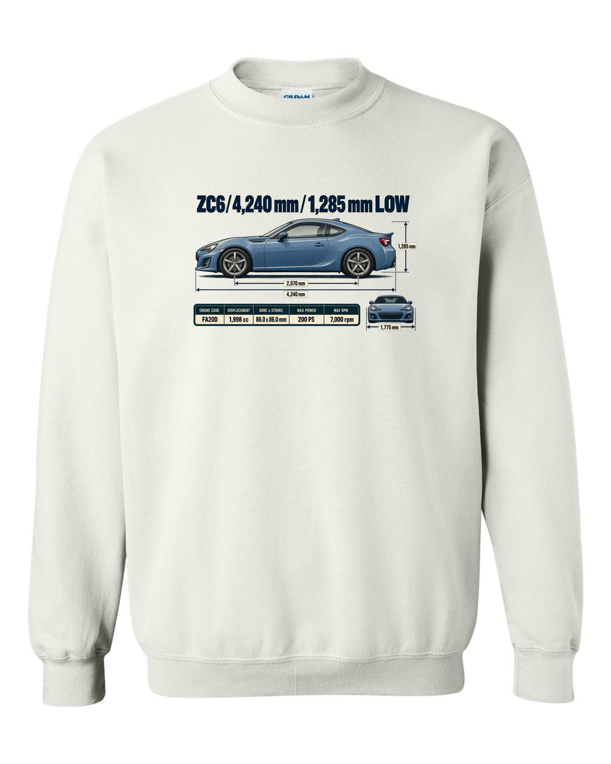 Blueprint-style dimension drawing of a Subaru BRZ ZC6 with length and height callouts white crewneck front view with the design