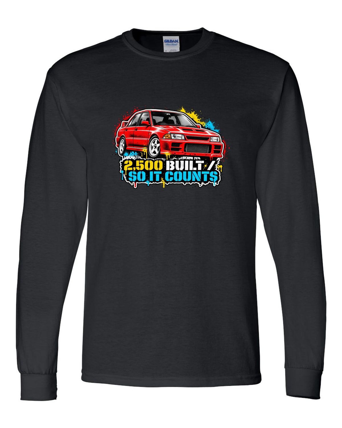 Mitsubishi Lancer Evolution I CD9A in stencil spray street art, 2,500 BUILT / SO IT COUNTS black long sleeve front view with the design
