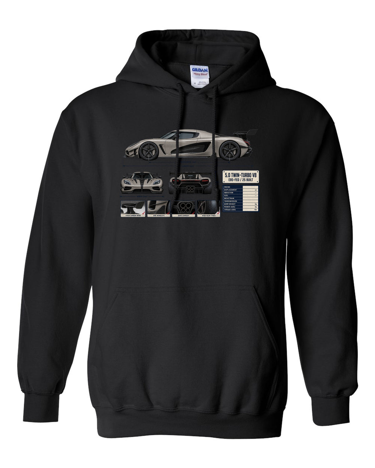 Three-view and spec table print of the Koenigsegg Agera RS with the text 5.0 twin-turbo V8, E85-fed, 25 built black pull over hoodie front view with the design