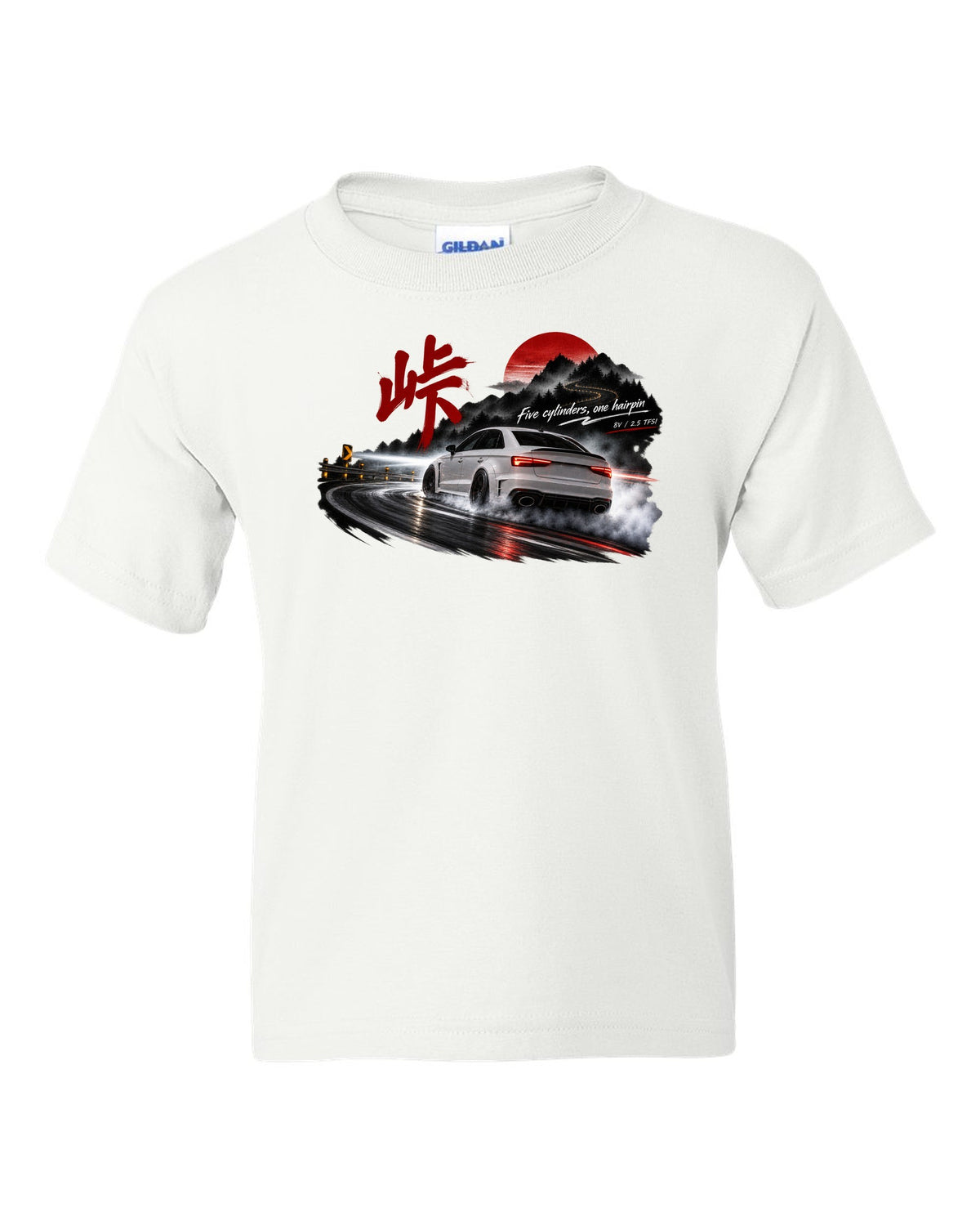 Audi RS3 8V sedan rear three-quarter sliding at night with touge kanji white kids tee front view with the design