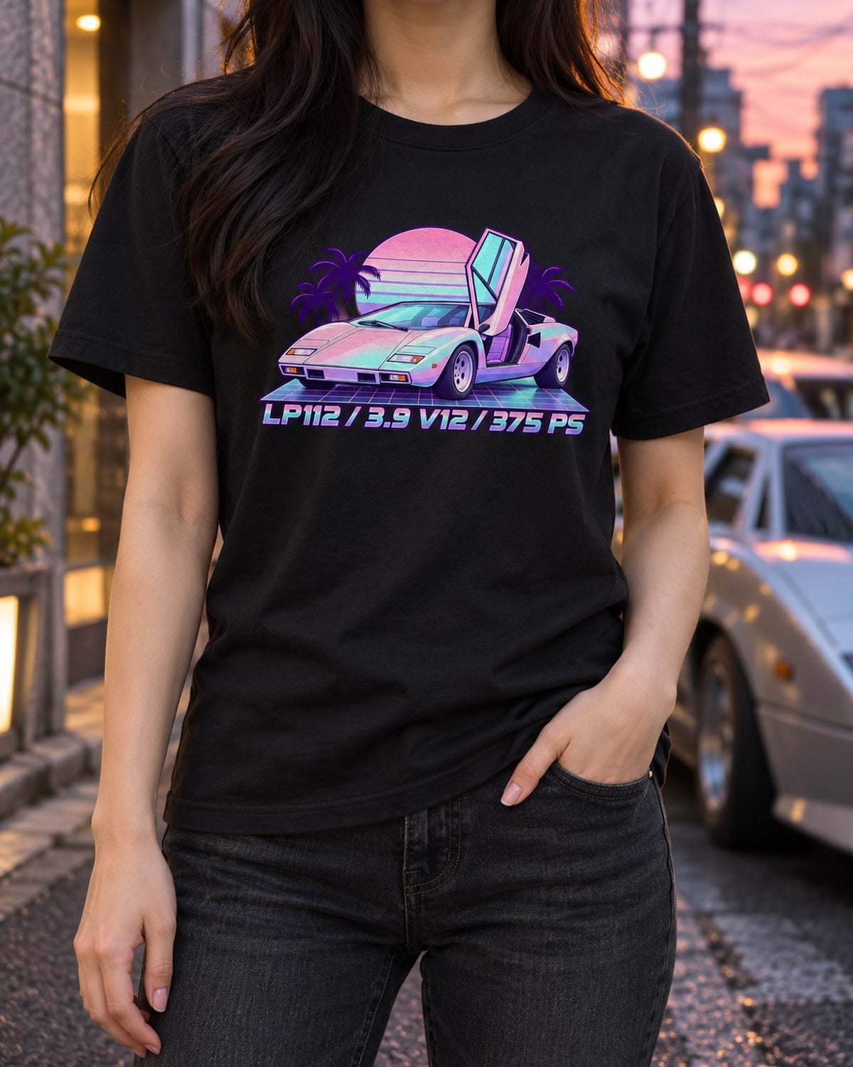 Lamborghini Countach LP400 Vaporwave Shirt, LP112 V12 Print T-Shirt Black worn hero