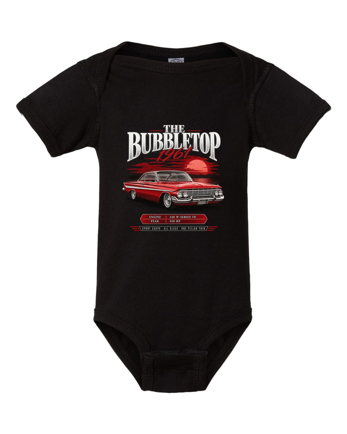 1961 Impala Sport Coupe bubbletop archive panel print with 348 V8 callouts black baby onesie front view with the design