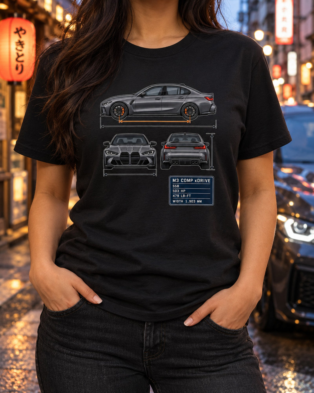 BMW M3 Competition xDrive G80 Three-View Spec Table Shirt T-Shirt Black worn hero