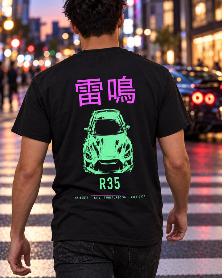 R35 VR38DETT Full-Back Graphic Tee T-Shirt Black worn hero