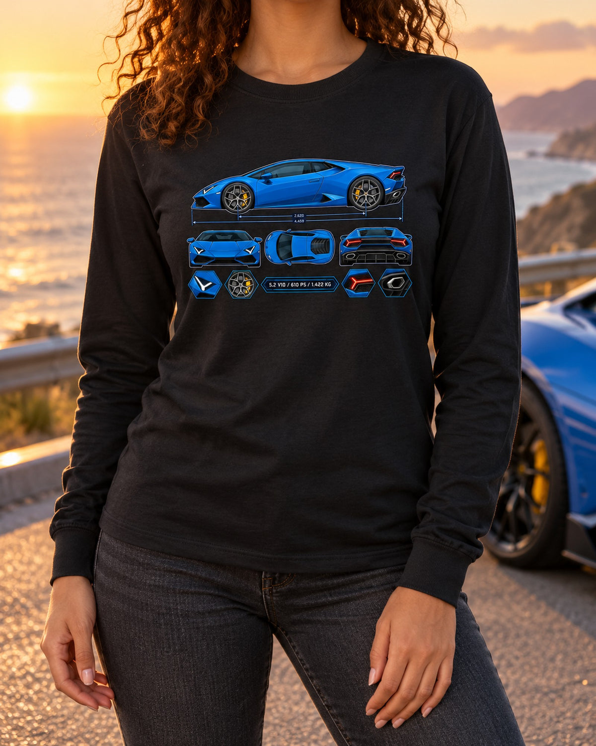 Huracan LP610-4 Colour Blueprint Shirt, 5.2 V10 Hex Study Long Sleeve Black worn hero