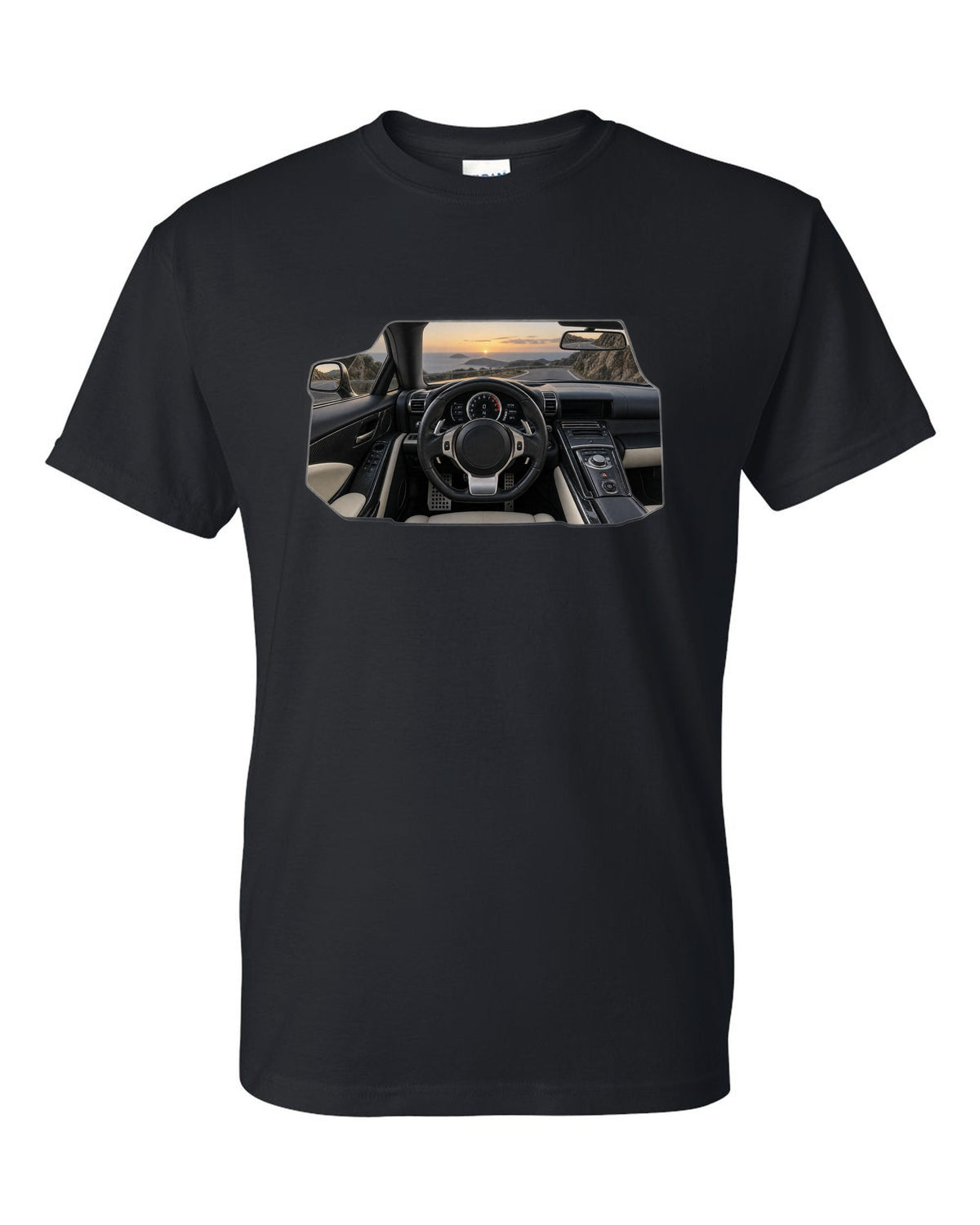 Three-view drawing and spec table of the Lexus LFA Nurburgring Package black t-shirt front view with the design