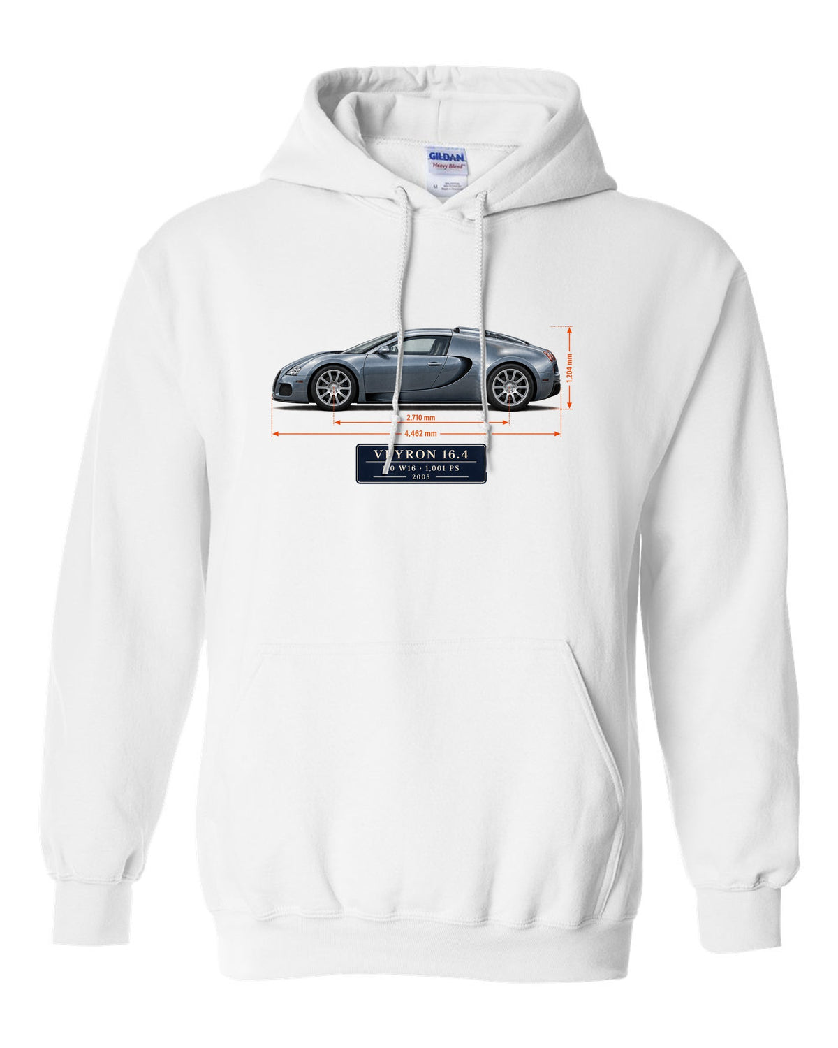 Bugatti Veyron 16.4 dimension blueprint print with size and engine specs white pull over hoodie front view with the design