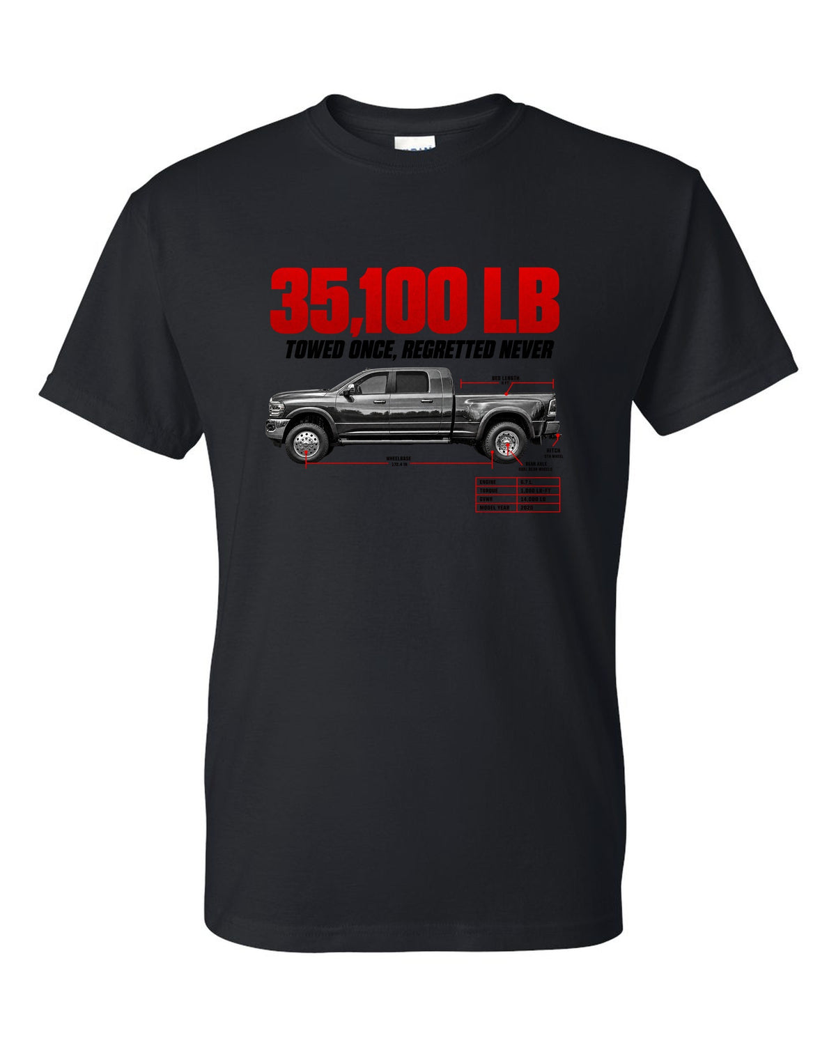 Ram 3500 5th Gen Side Profile Spec Poster Tee, 35,100 Lb black t-shirt front view with the design