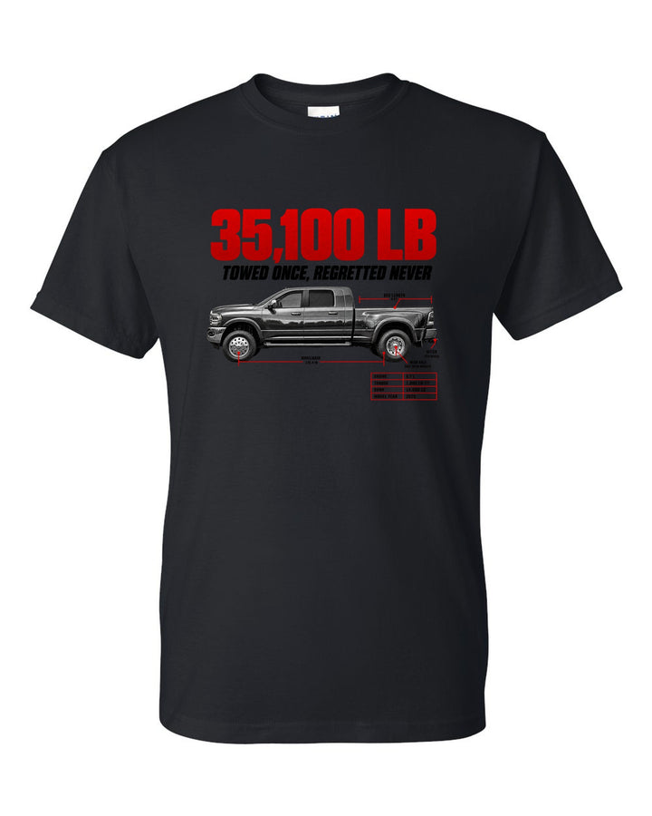 Ram 3500 5th Gen Side Profile Spec Poster Tee, 35,100 Lb black t-shirt front view with the design