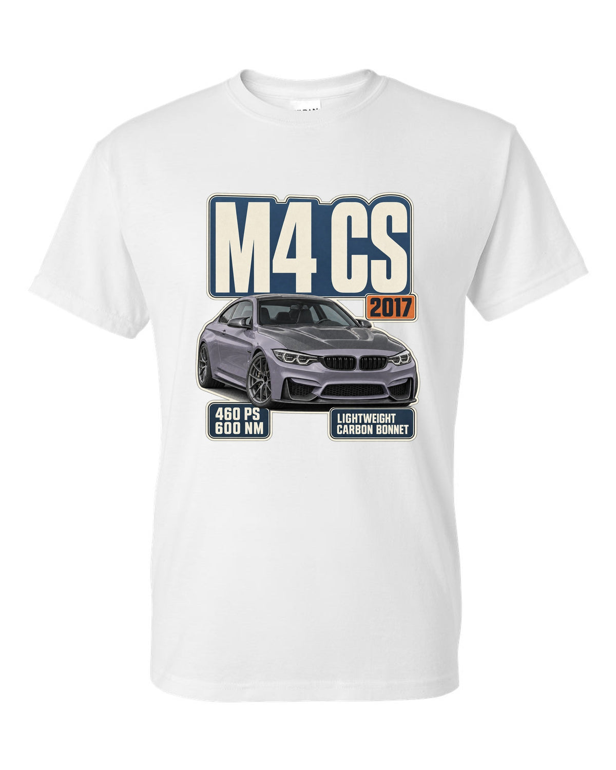 BMW M4 CS F82 editorial headline print design white t-shirt front view with the design
