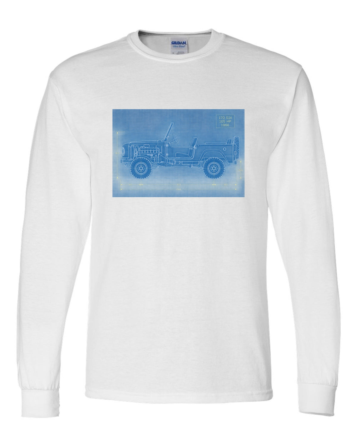 Blueprint-style line art of a 1966 Ford Bronco U13 roadster at a trailhead with 170 SIX 105 HP notes white long sleeve front view with the design